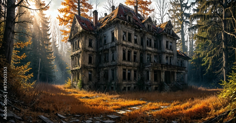 decayed abandoned house buildings in overgrown post apocalyptic suburban neighborhood in autumn fall. old town home ruins in housing suburbs surrounded by trees. decayed abandoned house buildings in overgrown post apocalyptic suburban neighborhood in autumn fall. old town home ruins in housing suburbs surrounded by trees.
