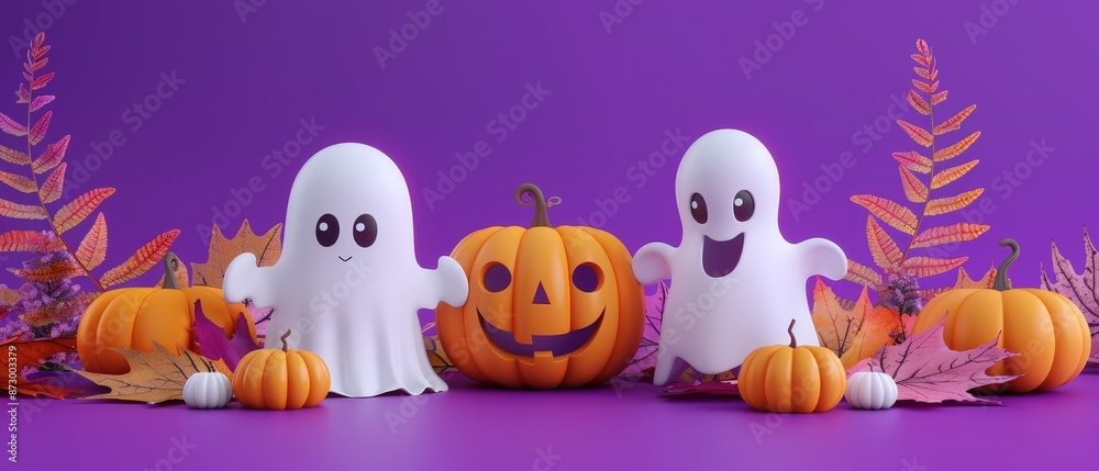 Fototapeta premium Halloween decorations with a pumpkin and two ghosts