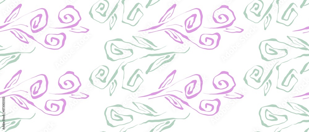 Seamless abstract botanical pattern. Simple background with violet, green, white texture. Digital brush strokes. Flowers. Design for textile fabrics, wrapping paper, background, wallpaper, cover. Seamless abstract botanical pattern. Simple background with violet, green, white texture. Digital brush strokes. Flowers. Design for textile fabrics, wrapping paper, background, wallpaper, cover.