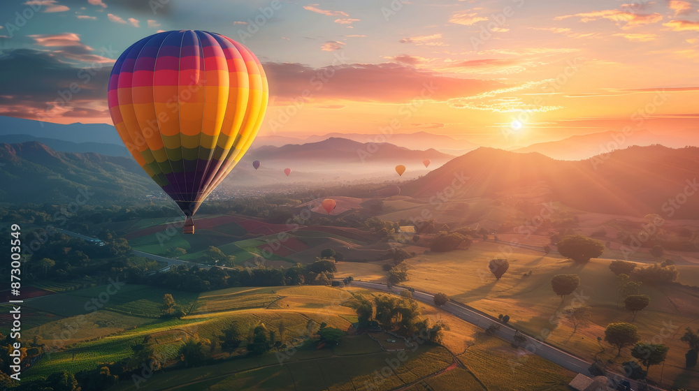 Fototapeta premium Hot air balloons floating over scenic countryside at sunrise