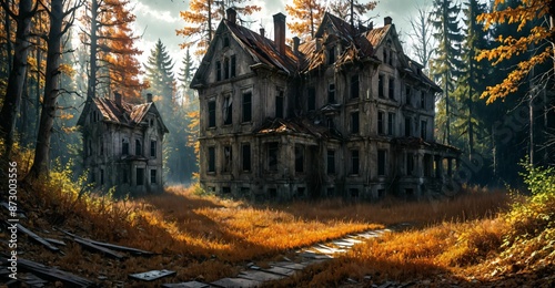 decayed abandoned house buildings in overgrown post apocalyptic suburban neighborhood in autumn fall. old town home ruins in housing suburbs surrounded by trees.