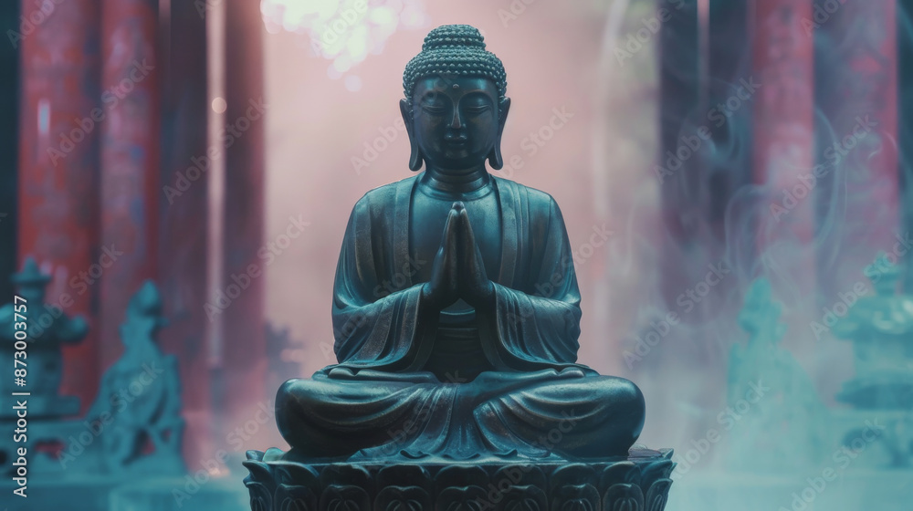 buddha statue in meditation pose with incense smoke in the background