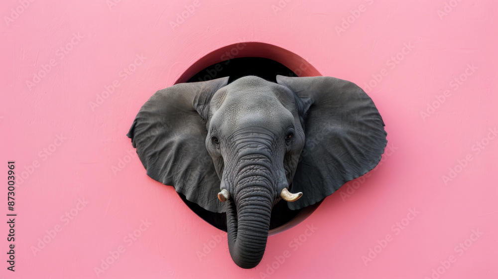 Elephant head peeking through a round hole in a pink wall, creative concept Elephant head peeking through a round hole in a pink wall, creative concept