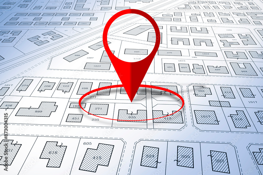 Fototapeta premium Building Activity with red location pin point against an imaginary General Urban Plan and cadastral map with zoning regulations, urban districts, urban destinations and land use - Real Estate concept