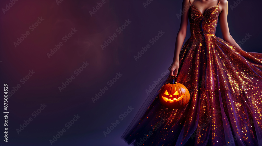 The image features a woman dressed in an elegant, shiny Halloween costume. She is holding a glowing Jack-o'-lantern, which casts an eerie light on her outfit. The image features a woman dressed in an elegant, shiny Halloween costume. She is holding a glowing Jack-o'-lantern, which casts an eerie light on her outfit.