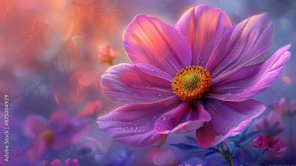 Obraz premium Close-up of a vibrant pink flower with dew drops, soft bokeh background. Nature and beauty concept