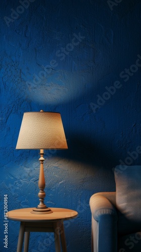 Cozy lamp on wooden table beside a comfortable armchair with blue textured wall, home interior concept