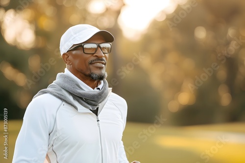 Mature man enjoys peaceful outdoor walk in stylish sportswear on a sunny day