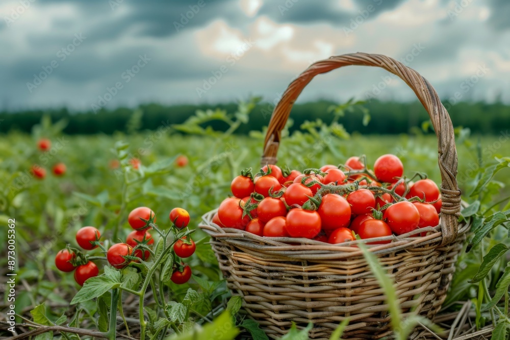 Basket of Fresh Tomatoes in a Field Basket of Fresh Tomatoes in a Field