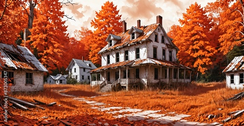 abandoned house buildings in town in autumn fall. homes with forest woods trees with orange red leaves empty old post apocalyptic city suburb.