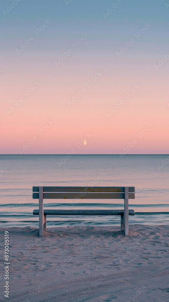 Bench overlooking serene ocean during sunset with visible moon Bench overlooking serene ocean during sunset with visible moon