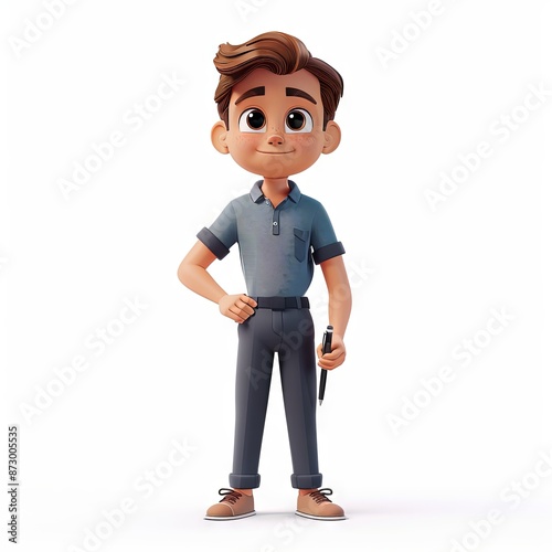 A 3D cartoon character of a young professional man in an office setting. He is dressed in a grey polo shirt, dark pants, and brown shoes. He has stylish brown hair and is holding a pen.