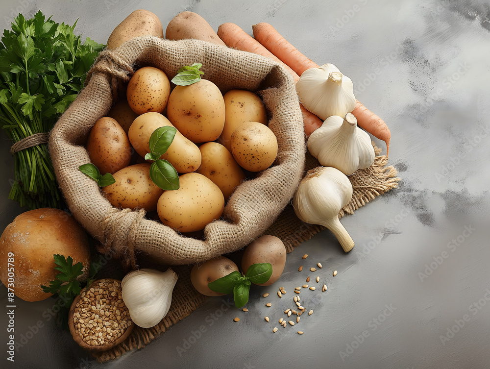 Top View of Fresh Harvested potatoes in a Rustic Burlap Sack Top View of Fresh Harvested potatoes in a Rustic Burlap Sack