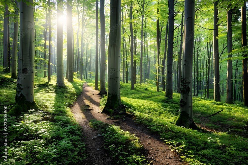 Sunlit forest path surrounded by lush green trees and vegetation on a bright morning. Sunlit forest path surrounded by lush green trees and vegetation on a bright morning.