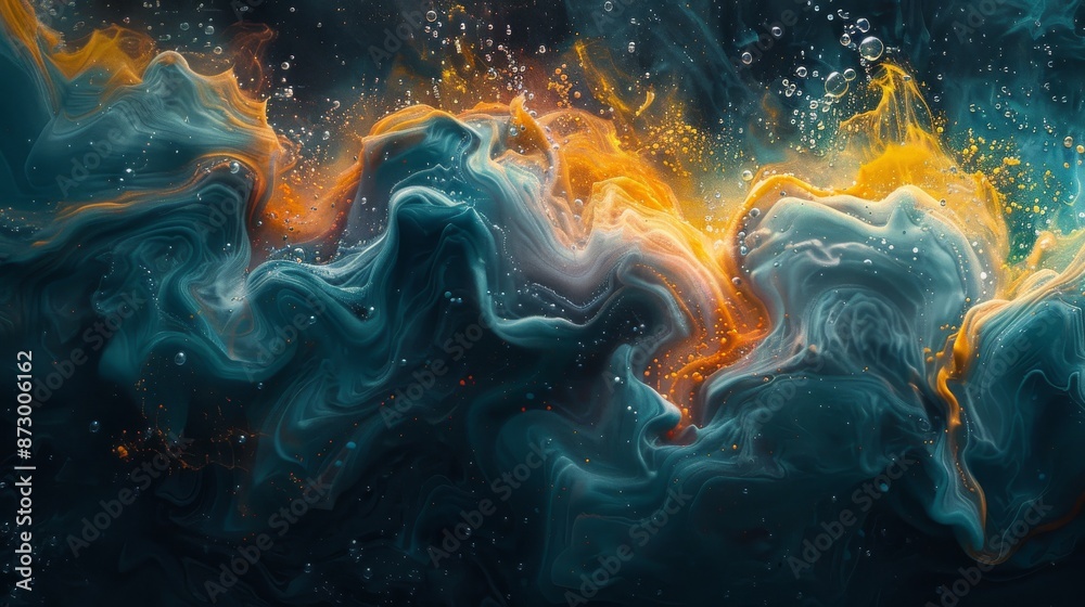 Abstract fluid art with blue and orange hues in a dark background, surreal and dynamic concept Abstract fluid art with blue and orange hues in a dark background, surreal and dynamic concept