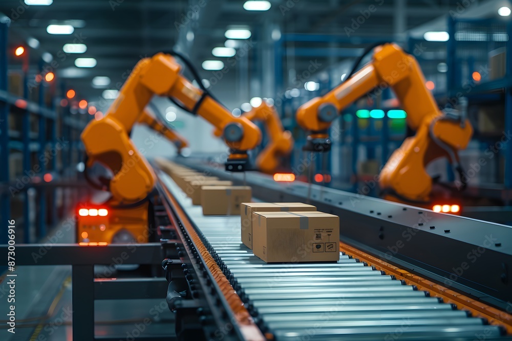 Automated Warehouse: Robots Working on Conveyor Belt Automated Warehouse: Robots Working on Conveyor Belt