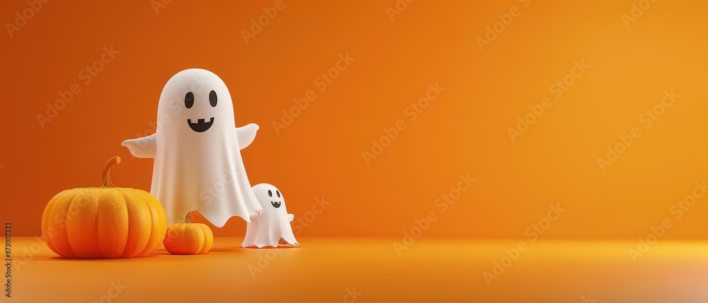 Naklejka premium A Halloween scene with a ghost and pumpkins