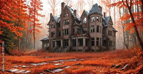 abandoned house building in city in autumn fall. mansion with forest woods trees with orange red leaves empty old post apocalyptic town suburb. © Shane Sparrow