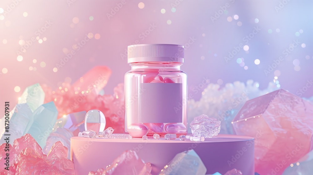 A pink bottle with a blank label on a podium surrounded by glittering crystals in a pastel colored background. A pink bottle with a blank label on a podium surrounded by glittering crystals in a pastel colored background.