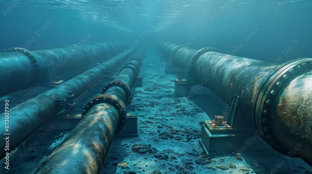 Underwater pipelines on seabed, industrial engineering concept Underwater pipelines on seabed, industrial engineering concept