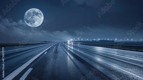 An empty highway at night after rain, illuminated only by a full moon, casting a silvery glow on the wet tarmac that stretches endlessly ahead, creating a tranquil, almost otherworldly travel scene.