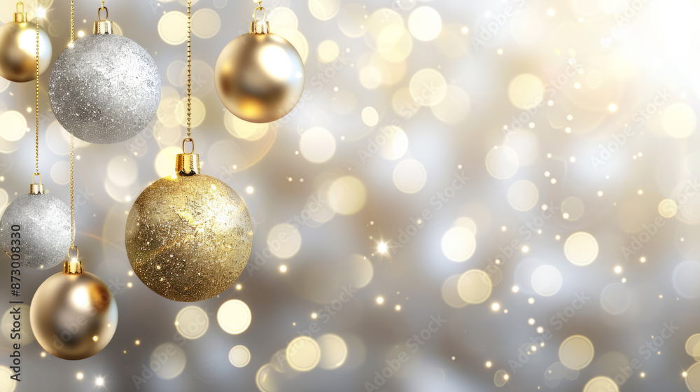 Christmas background made of gold and silver with hanging decorations. New Year's toys. Christmas background made of gold and silver with hanging decorations. New Year's toys.
