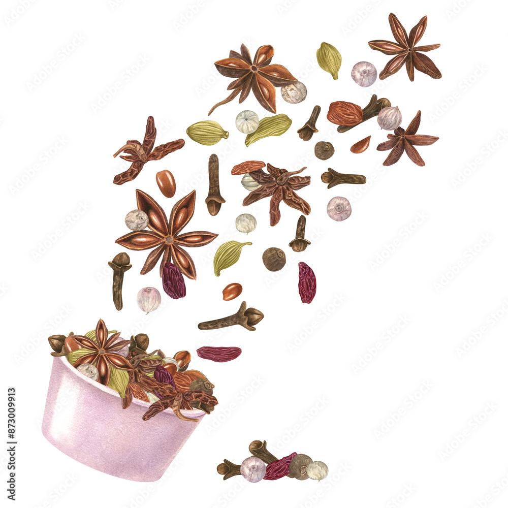 Cardamom, star anise, clove, raisin and white pepper in pink bowl. Flying rich aroma winter spice. Aroma ingredients for Xmas drinks and bakery. Organic food. Watercolor illustration for menu design Cardamom, star anise, clove, raisin and white pepper in pink bowl. Flying rich aroma winter spice. Aroma ingredients for Xmas drinks and bakery. Organic food. Watercolor illustration for menu design