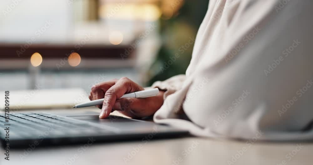 Laptop, scroll and hand with pen in office, research and analysis for website for scrolling. Technology, email and product development for businessperson, computer or online for notes and information