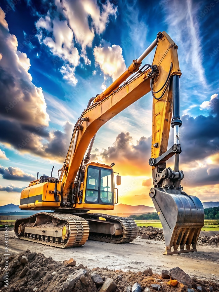 A massive excavator with its hydraulic arm lifted high, showcasing its power and size.
A massive excavator with its hydraulic arm lifted high, showcasing its power and size.