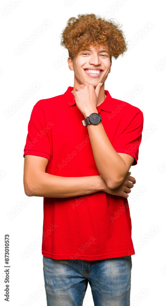 Young handsome man with afro hair wearing red t-shirt looking confident at the camera with smile with crossed arms and hand raised on chin. Thinking positive. Young handsome man with afro hair wearing red t-shirt looking confident at the camera with smile with crossed arms and hand raised on chin. Thinking positive.