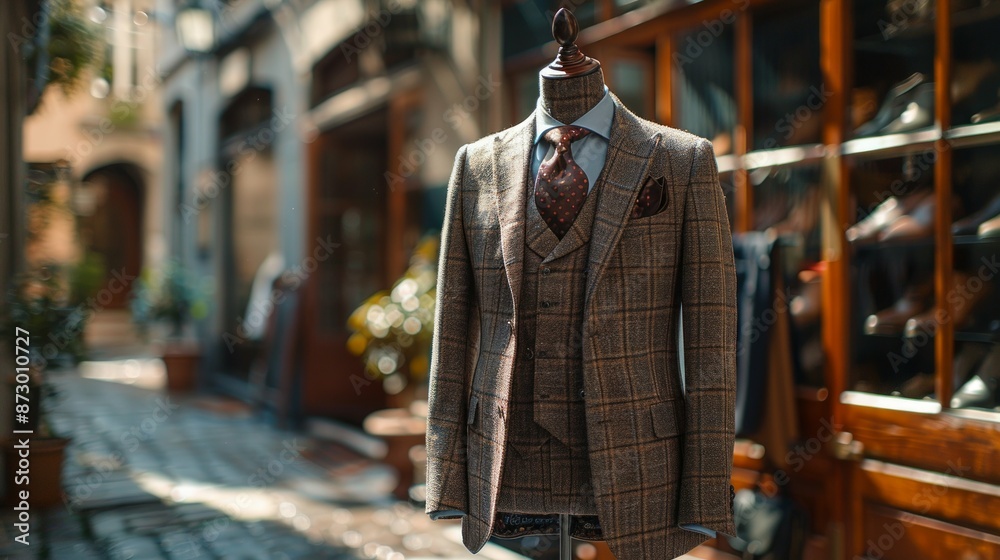 A Tailored Suit Displayed in a Quaint Italian Alleyway. Generative AI A Tailored Suit Displayed in a Quaint Italian Alleyway. Generative AI