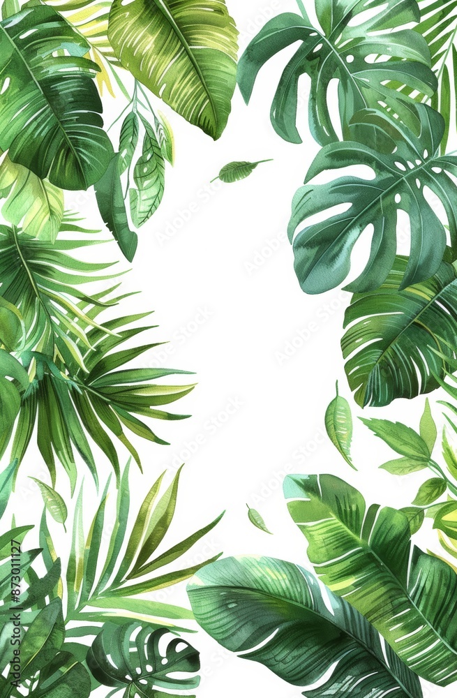 Naklejka premium Watercolor illustration of lush green tropical leaves arranged around the edges, creating a fresh botanical frame on white.