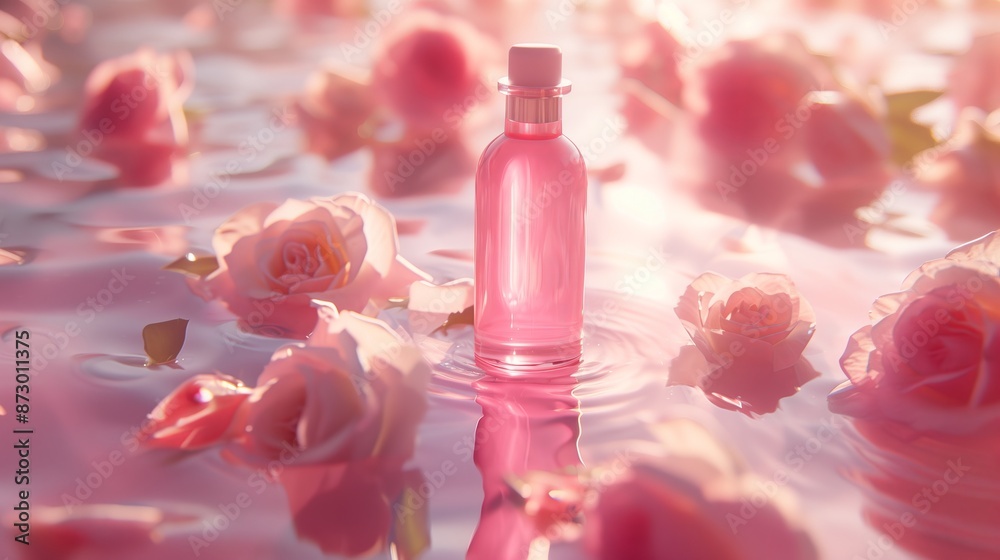 A bottle surrounded by pink roses on the clear pink water. A bottle surrounded by pink roses on the clear pink water.