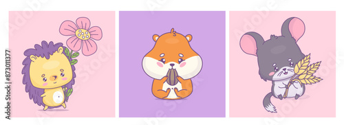 Cute cartoon rodent set. Funny hamster with seed, chinchilla with ears of wheat and happy hedgehog with flower. Isolated kawaii animal character. Vector illustration. Kids collection