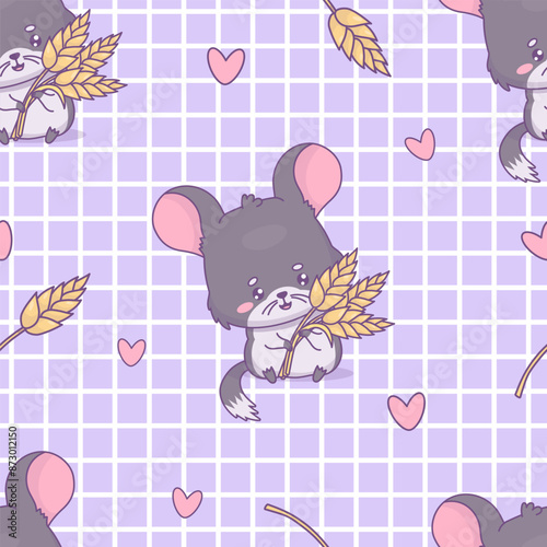 Seamless pattern with chinchilla with spikelets on purple checkered background. Funny cartoon kawaii animal rodent character. Vector illustration. Kids collection.