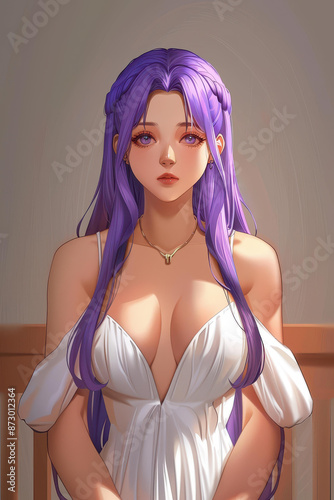 Captivating anime girl with stunning violet hair and elegant white dress.