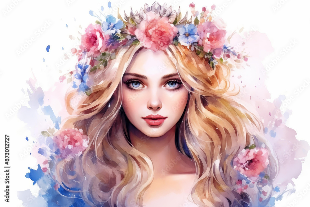 Beautiful fairy tale illustration of a princess crown with flowers, featuring a lovely face. Perfect for whimsical designs. Beautiful fairy tale illustration of a princess crown with flowers, featuring a lovely face. Perfect for whimsical designs.