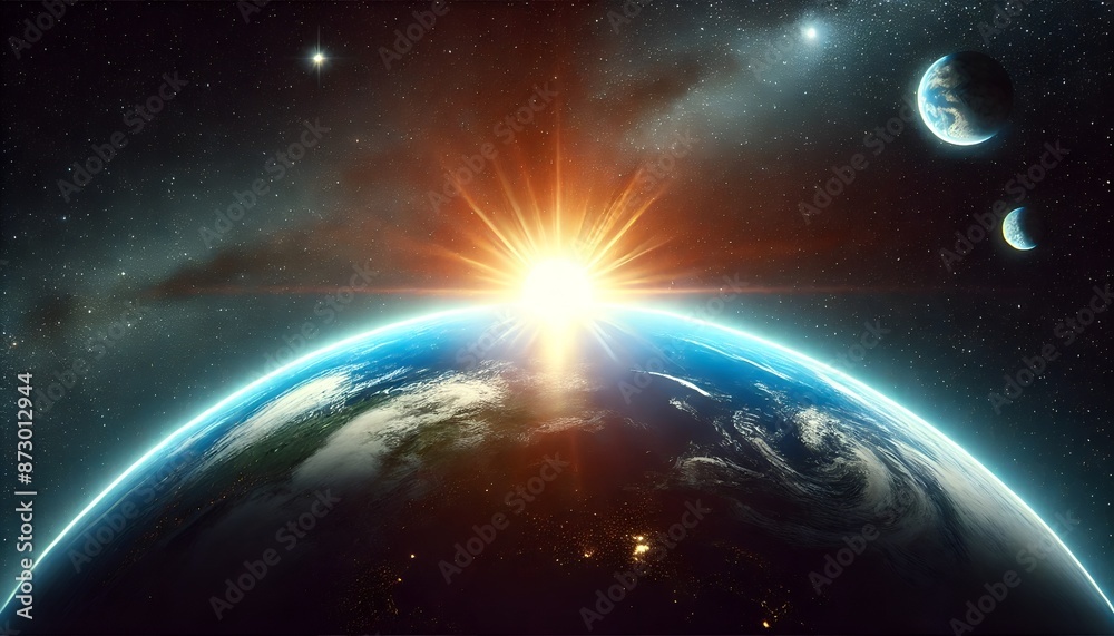 Obraz premium Sunlight Ascending Over Earth in Outer Space