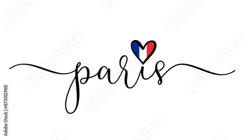 Paris, elegant calligraphy and love symbol with national flag. French typography vector for holiday or travel concept and souvenir design