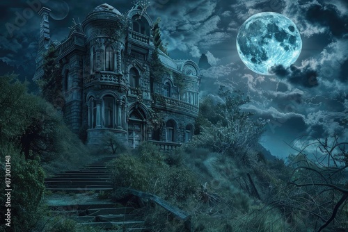 Haunted mansion on a hill under a full moon with eerie clouds and overgrown stairs, creating a spooky and mysterious atmosphere at night.