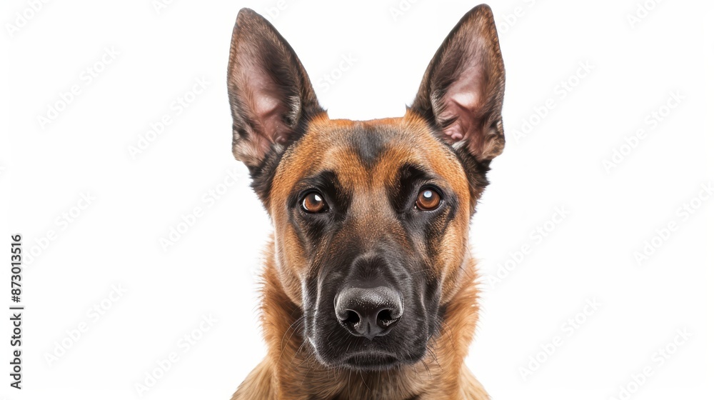 Intense Belgian Malinois Alert Face on White Background Intense Belgian Malinois Alert Face on White Background