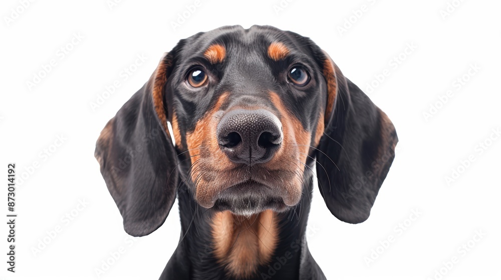Energetic Black and Tan Coonhound with Expressive Face on White Background Energetic Black and Tan Coonhound with Expressive Face on White Background