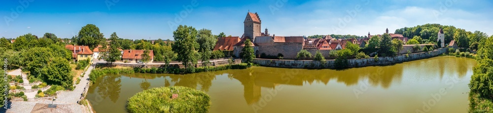 Bird's eye view of the old town of Dinkelbühl in Franconia with its city walls and towers Bird's eye view of the old town of Dinkelbühl in Franconia with its city walls and towers