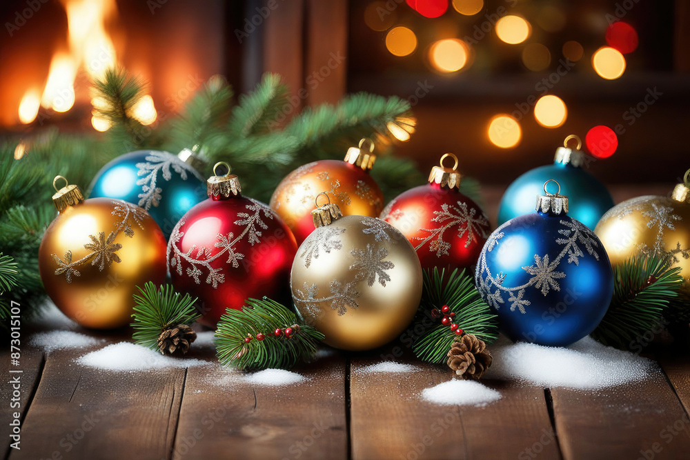 Christmas baubles scattered across a rustic wooden table Christmas baubles scattered across a rustic wooden table