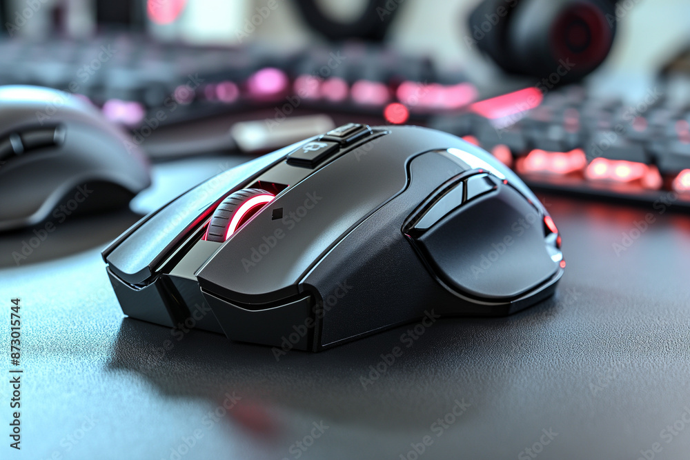 Close-Up of Gaming Mouse on Desk with Ample Copy Space. Imagine a compelling close-up shot of a high-performance gaming mouse placed on a sleek desk, surrounded by other gaming accessories Close-Up of Gaming Mouse on Desk with Ample Copy Space. Imagine a compelling close-up shot of a high-performance gaming mouse placed on a sleek desk, surrounded by other gaming accessories