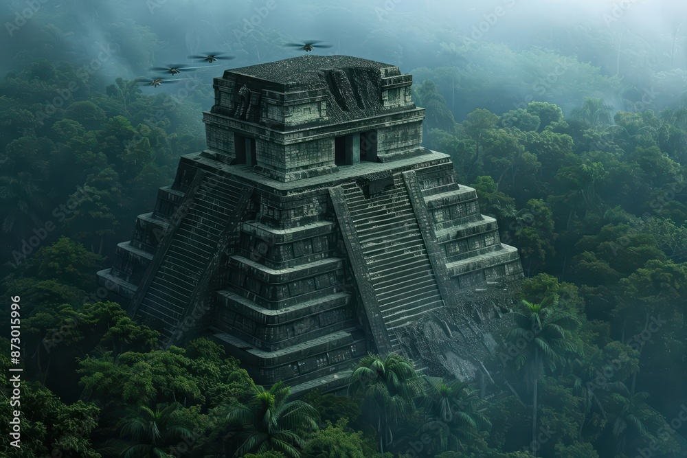 Obraz premium An advanced archaeological project uses mystical drones and enchanted tools to uncover and restore an ancient temple