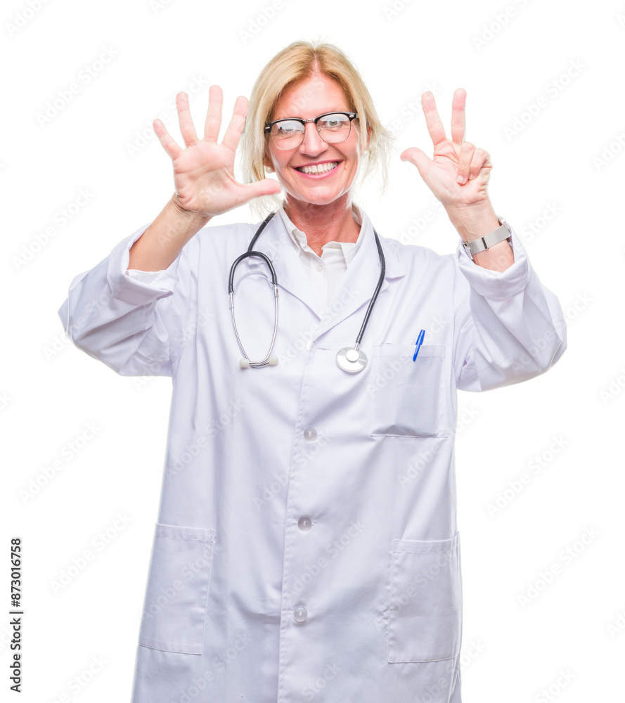 Middle age blonde doctor woman over isolated background showing and pointing up with fingers number eight while smiling confident and happy.