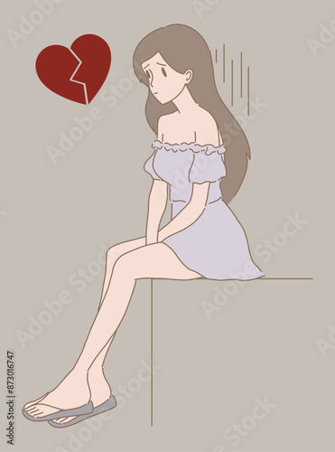 Sad girl sitting with broken heart. Hand drawn flat cartoon character vector illustration.
