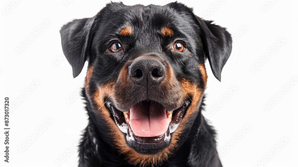 Joyful Rottweiler with a Radiant Expression on White Background Joyful Rottweiler with a Radiant Expression on White Background