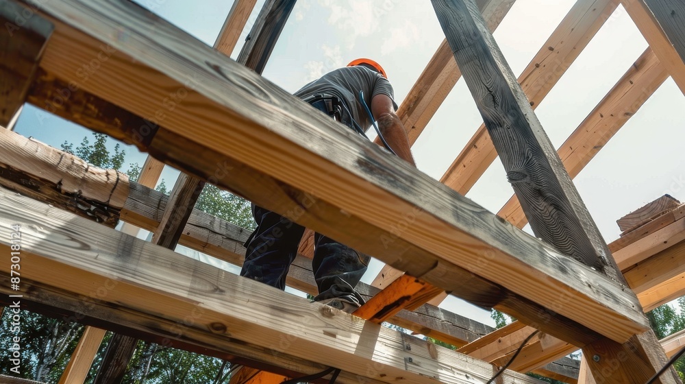 Naklejka premium A construction worker skillfully balances on wooden beams at a height, emphasizing the precision and balance needed in building construction. Capturing a moment of skilled labor dedication.